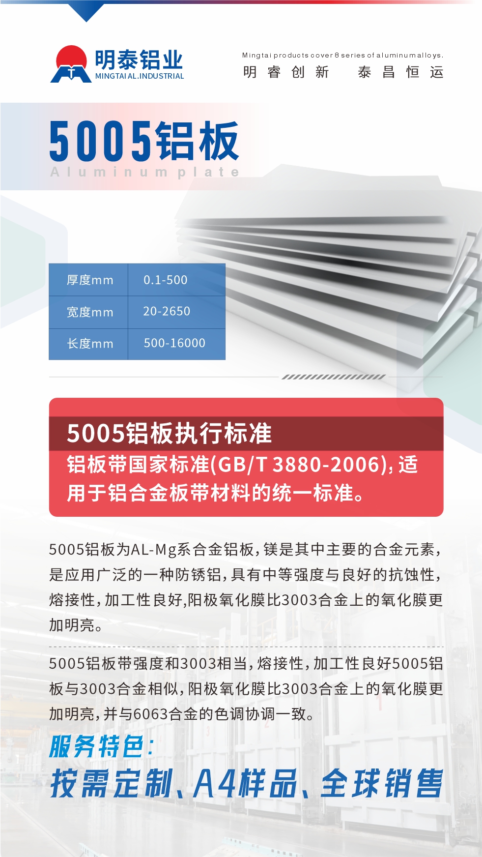 產(chǎn)品介紹

5005鋁板為AL-Mg系合金鋁板，鎂是其中主要的合金元素，是應(yīng)用廣泛的一種防銹鋁，具有中等強(qiáng)度與良好的抗蝕性，熔接性，加工性良好,陽極氧化膜比3003合金上的氧化膜更加明亮。

5005鋁板帶強(qiáng)度和3003相當(dāng)，熔接性，加工性良好5005鋁板與3003合金相似，陽極氧化膜比3003合金上的氧化膜更加明亮，并與6063合金的色調(diào)協(xié)調(diào)一致。服務(wù)特色：按需定制、A4樣品、全球銷售!

