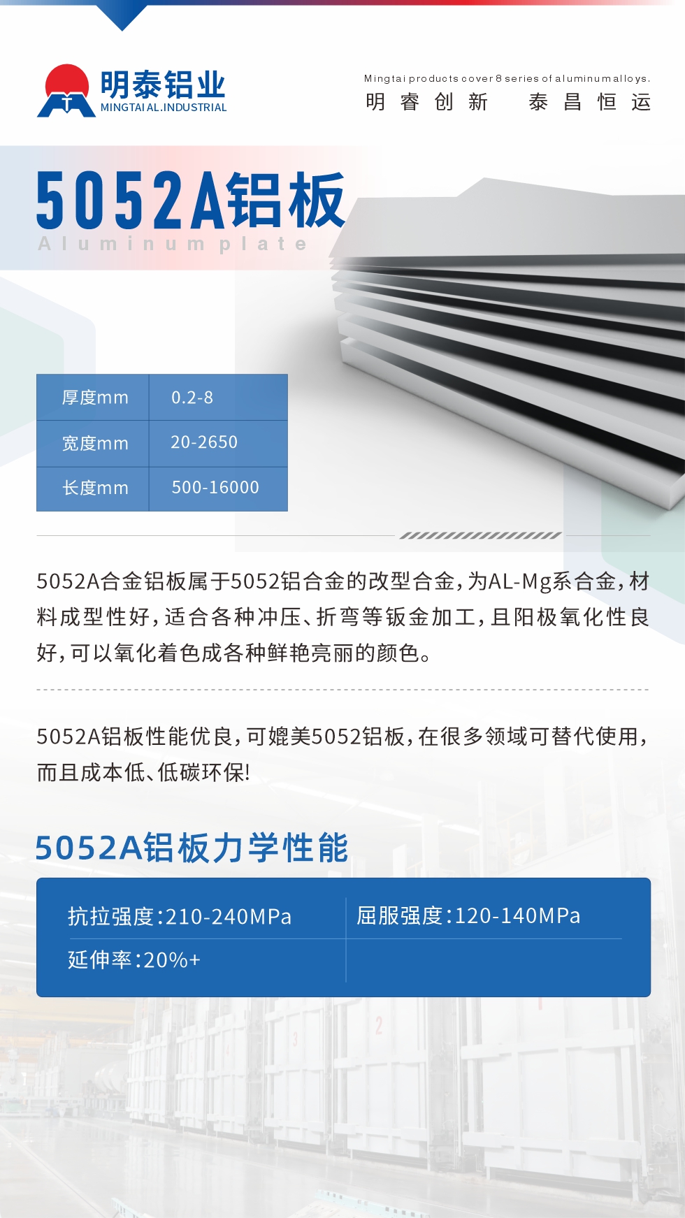 5052A合金鋁板屬于5052鋁合金的改型合金，為AL-Mg系合金，材料成型性好，適合各種沖壓、折彎等鈑金加工，且陽極氧化性良好，可以氧化著色成各種鮮艷亮麗的顏色。5052A鋁板性能優(yōu)良，可媲美5052鋁板，在很多領域可替代使用，而且成本低、低碳環(huán)保!5052A鋁板力學性能抗拉強度：210-240MPa屈服強度：120-140MPa延伸率：20%+