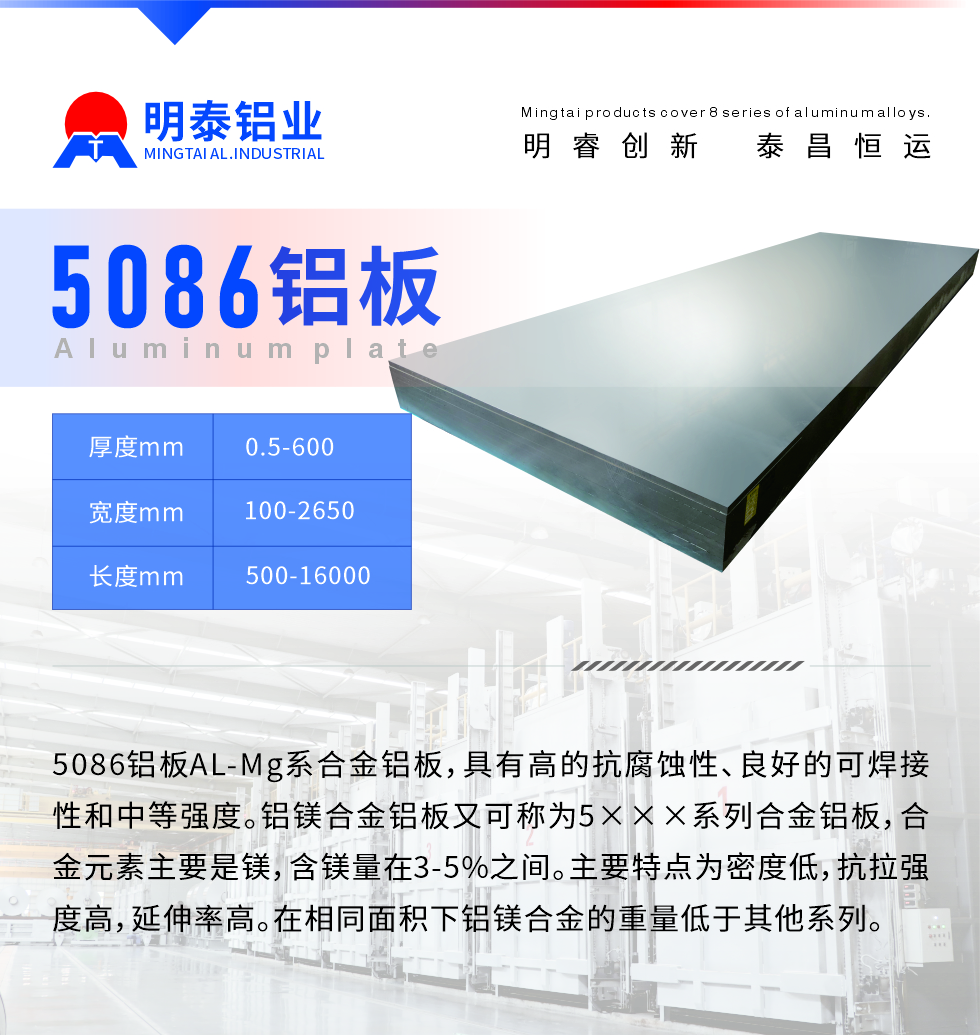 產(chǎn)品介紹
　　5086鋁板AL-Mg系合金鋁板，具有高的抗腐蝕性、良好的可焊接性和中等強度。鋁鎂合金鋁板又可稱為5×××系列合金鋁板，合金元素主要是鎂，含鎂量在3-5%之間。主要特點為密度低，抗拉強度高，延伸率高。在相同面積下鋁鎂合金的重量低于其他系列。
