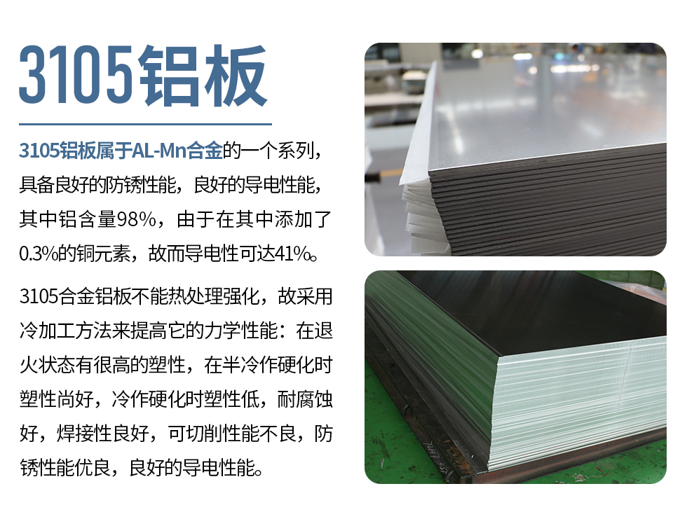 3105鋁板屬于AL-Mn合金的一個(gè)系列，具備良好的防銹性能，良好的導(dǎo)電性能，其中鋁含量98%，由于在其中添加了0.3%的銅元素，故而導(dǎo)電性可達(dá)41%。
3105合金鋁板不能熱處理強(qiáng)化，故采用冷加工方法來提高它的力學(xué)性能：在退火狀態(tài)有很高的塑性，在半冷作硬化時(shí)塑性尚好，冷作硬化時(shí)塑性低，耐腐蝕好，焊接性良好，可切削性能不良，防銹性能優(yōu)良，良好的導(dǎo)電性能。